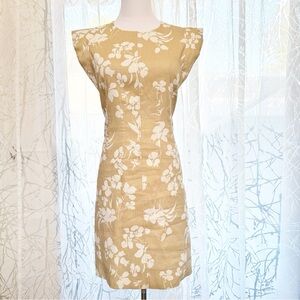 VERONICA BEARD TAN WHITE FLORAL PRINT ROSEDALE LINEN SHEATH DRESS